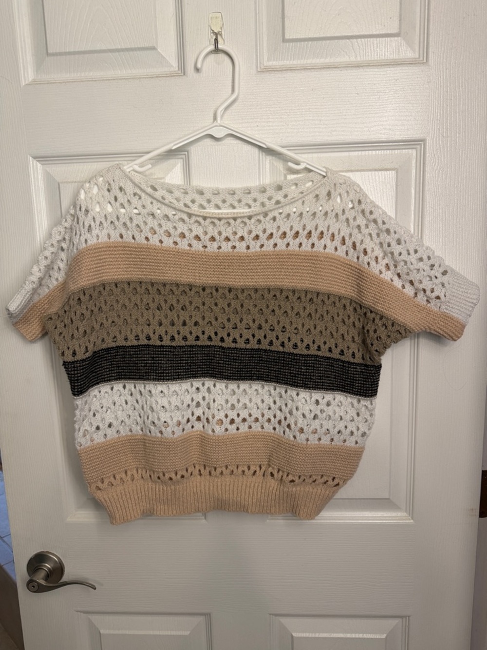 Striped Open-Knit Short Sleeve Sweater - White, Beige, Black